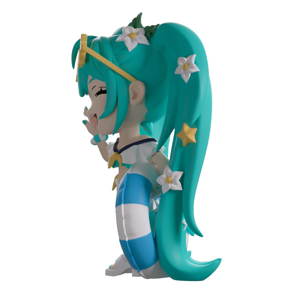 Side view of Hatsune Miku Summer Style Youtooz vinyl figure holding a blue and white swim ring