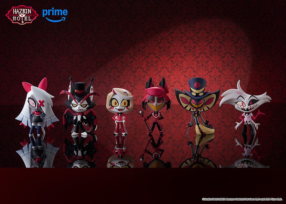 Hazbin Hotel vinyl figures posed against red background promotional image