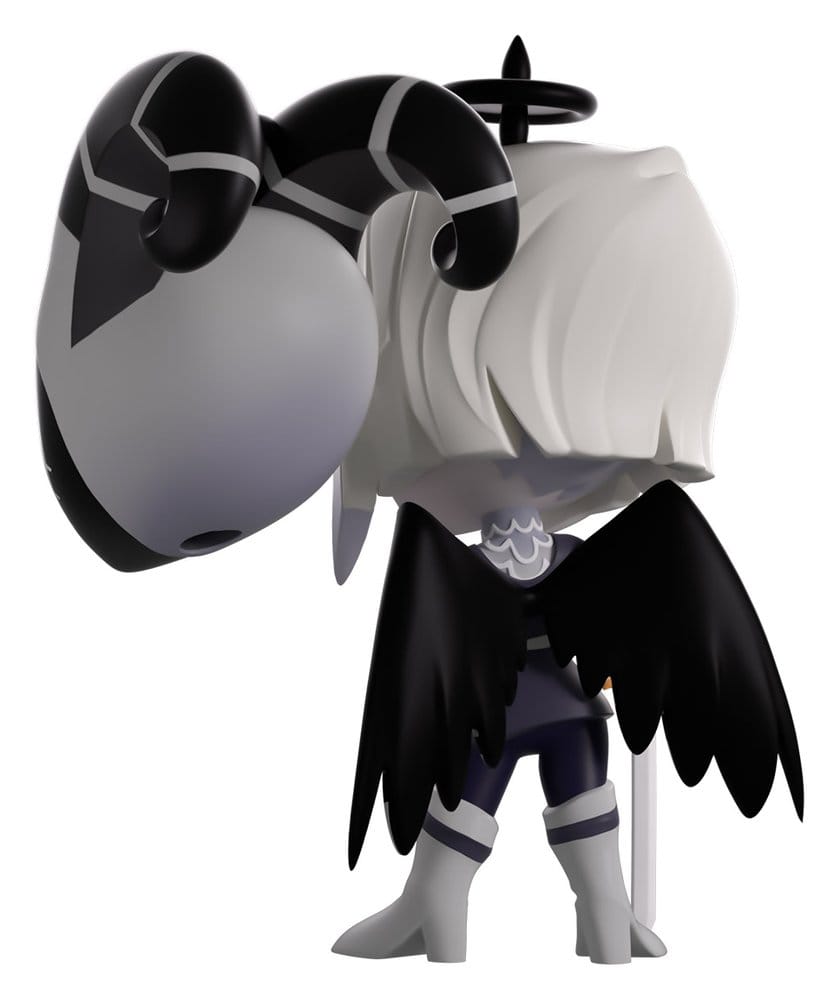 Lute Hazbin Hotel Youtooz vinyl figure back angle with alternate masked head and striped horns.