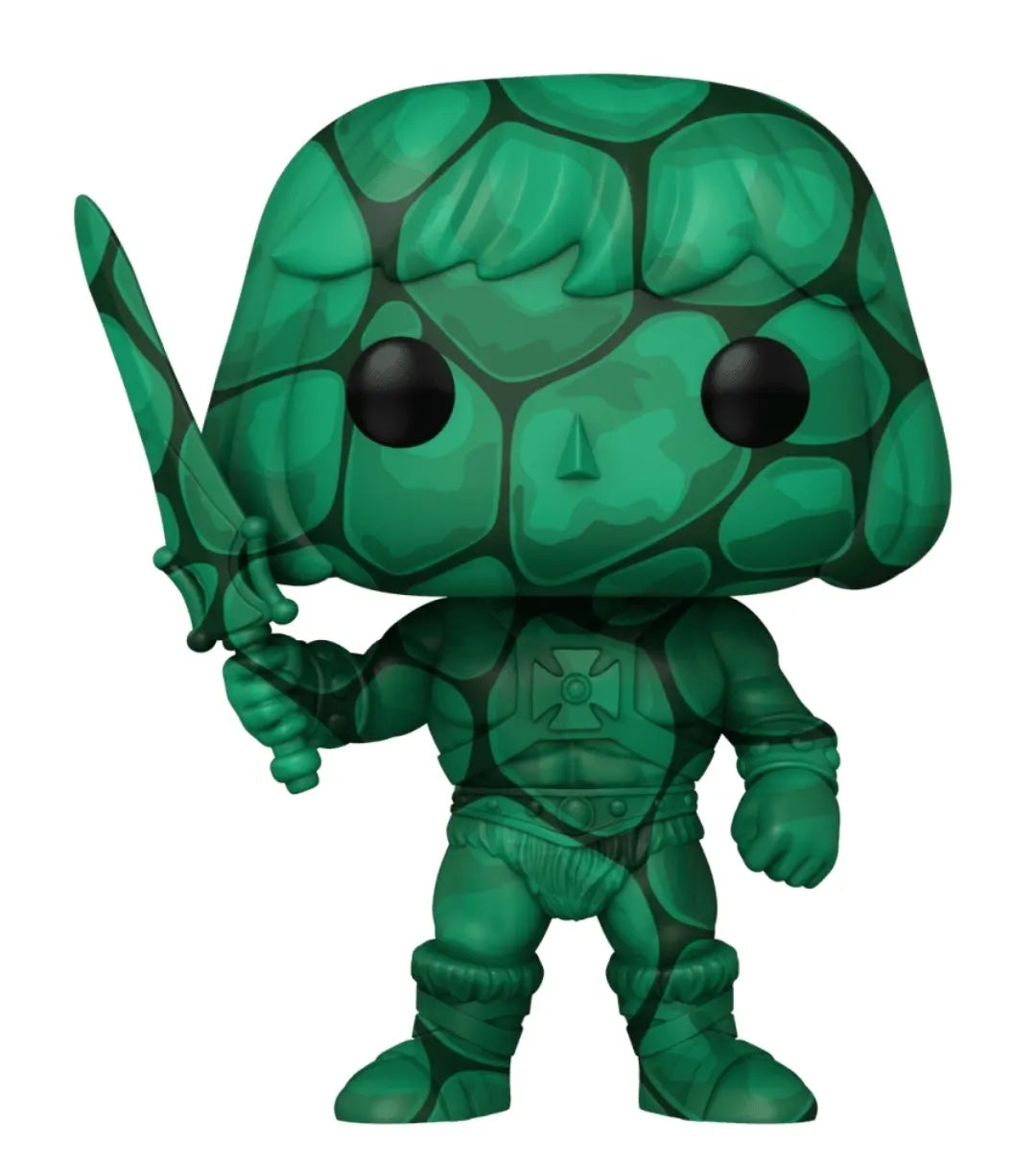 Close-up of He-Man Art Series Funko Pop Vinyl showing full green textured artwork