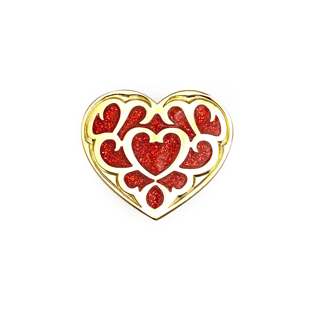 Glitter-filled heart container enamel pin with gold plating