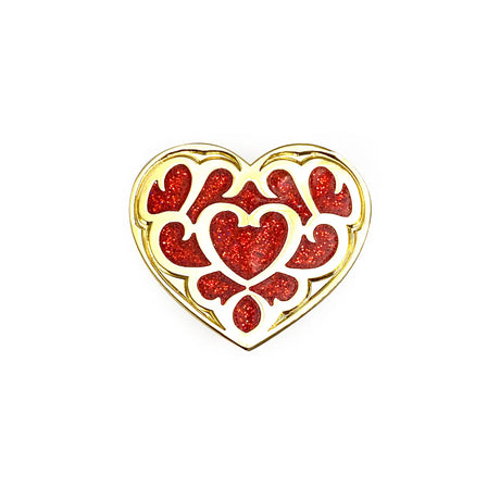 Glitter-filled heart container enamel pin with gold plating