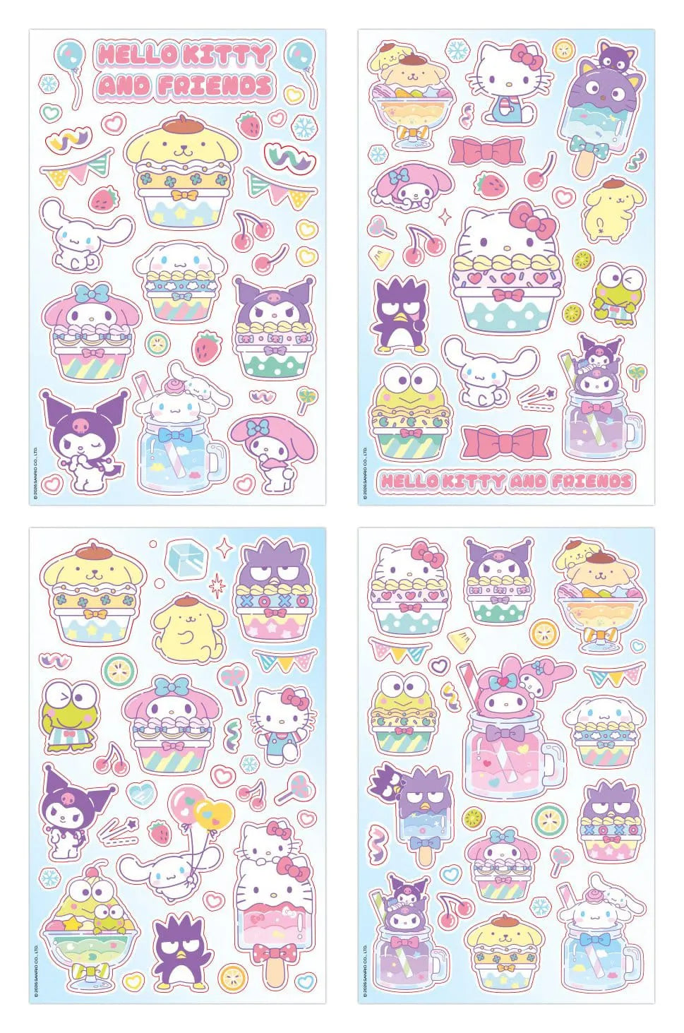 Sanrio Hello Kitty & Friends Cupcake Sticker Pack featuring 8 sticker sheets with Hello Kitty, My Melody, Kuromi, Pompompurin, Cinnamoroll, Keroppi and Badtz-Maru dessert-themed stickers