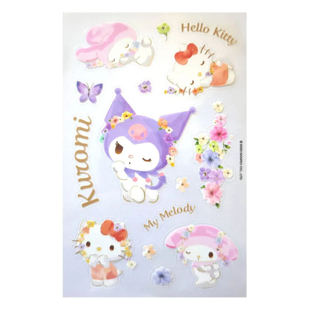 Kuromi pastel vivid sticker sheet featuring floral decorations and Sanrio character artwork