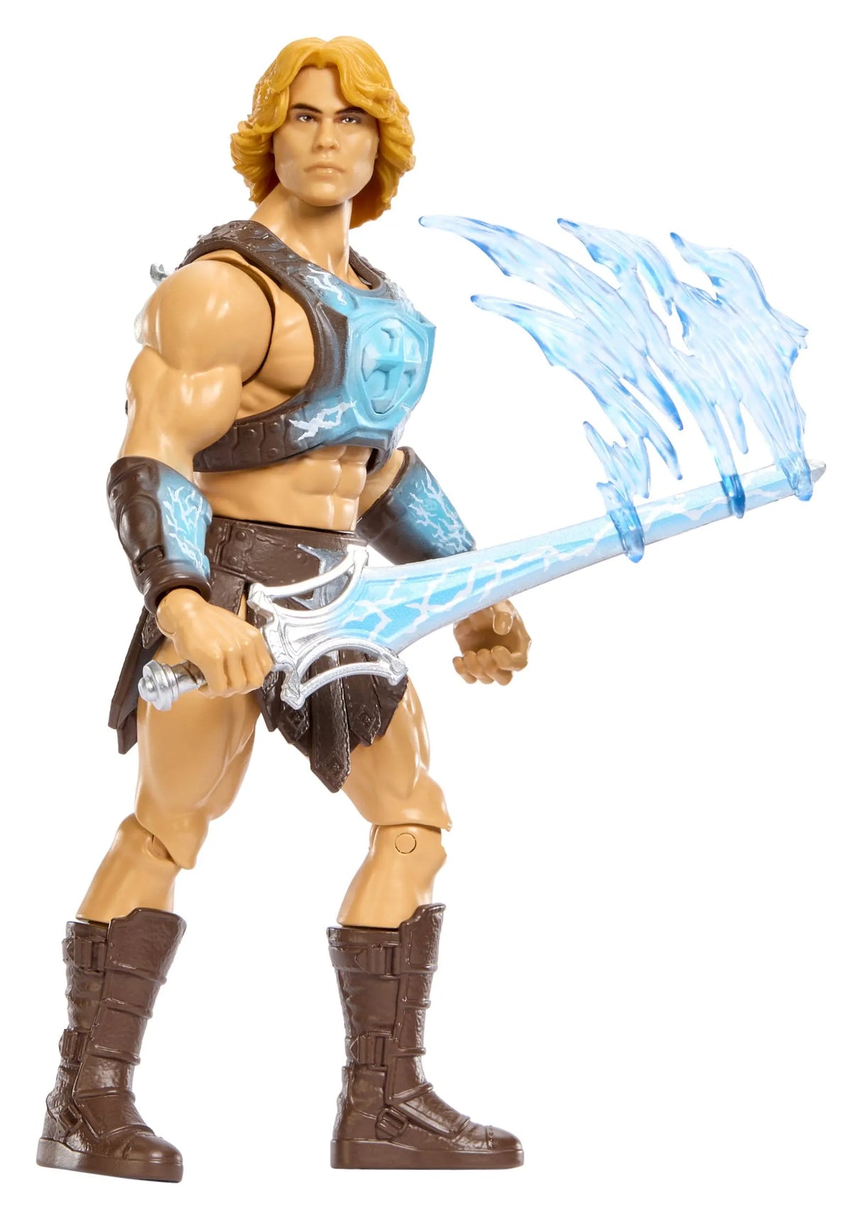He-Man movie action figure holding Sword of Power with blue energy slash effect