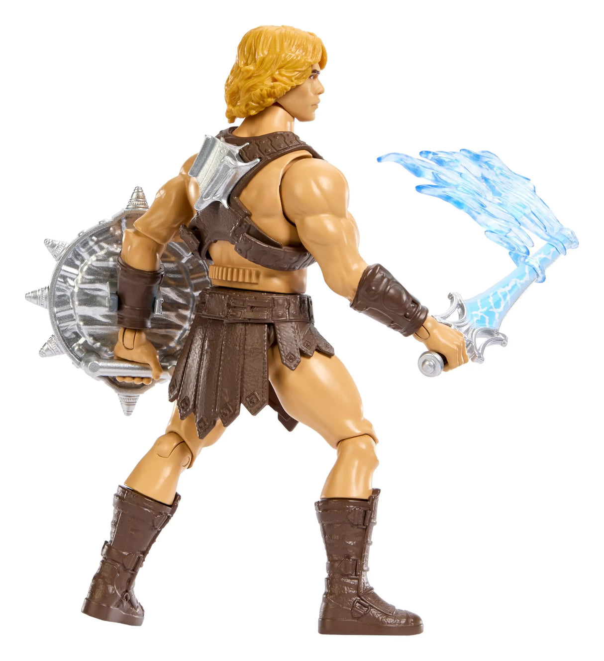 Rear view of He-Man Power Sword Slash action figure with shield and sword accessories