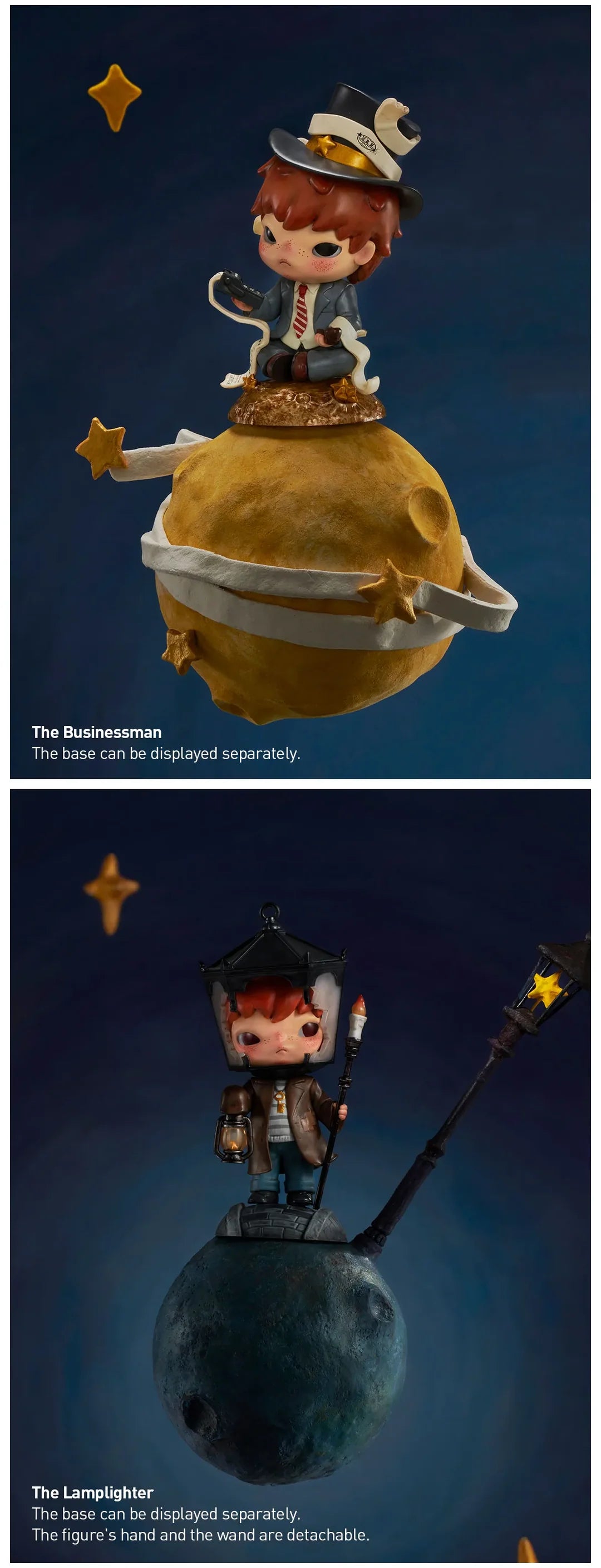 Hirono x Le Petit Prince blindbox figure of The Businessman sitting on a golden planet with detachable base