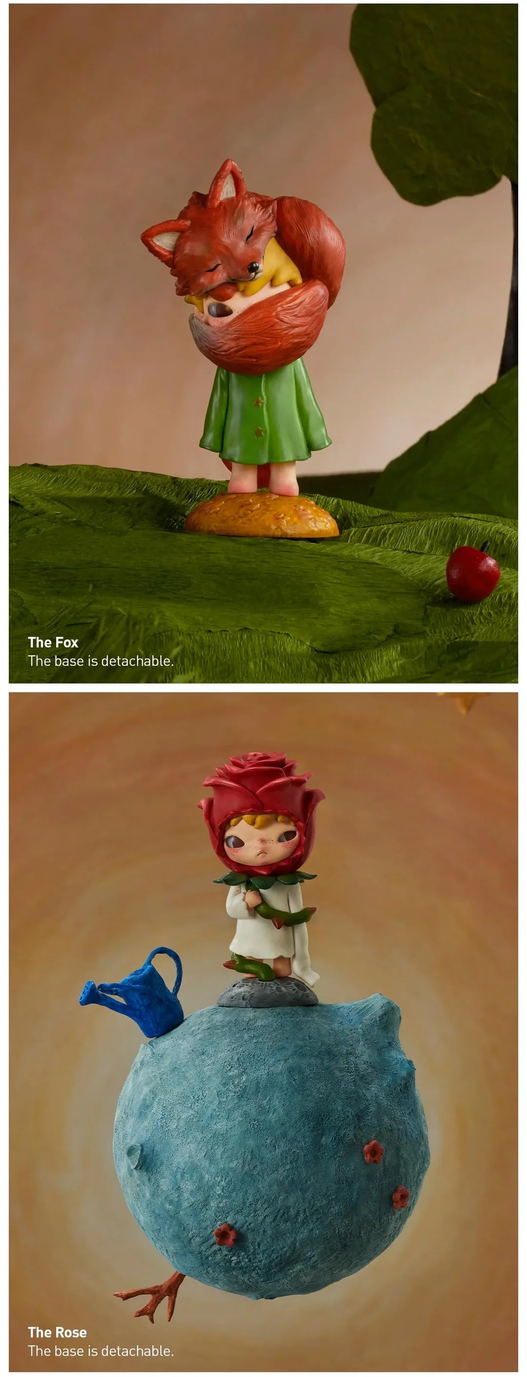 Hirono x Le Petit Prince blindbox figure of The Fox hugging the Little Prince, detachable green base