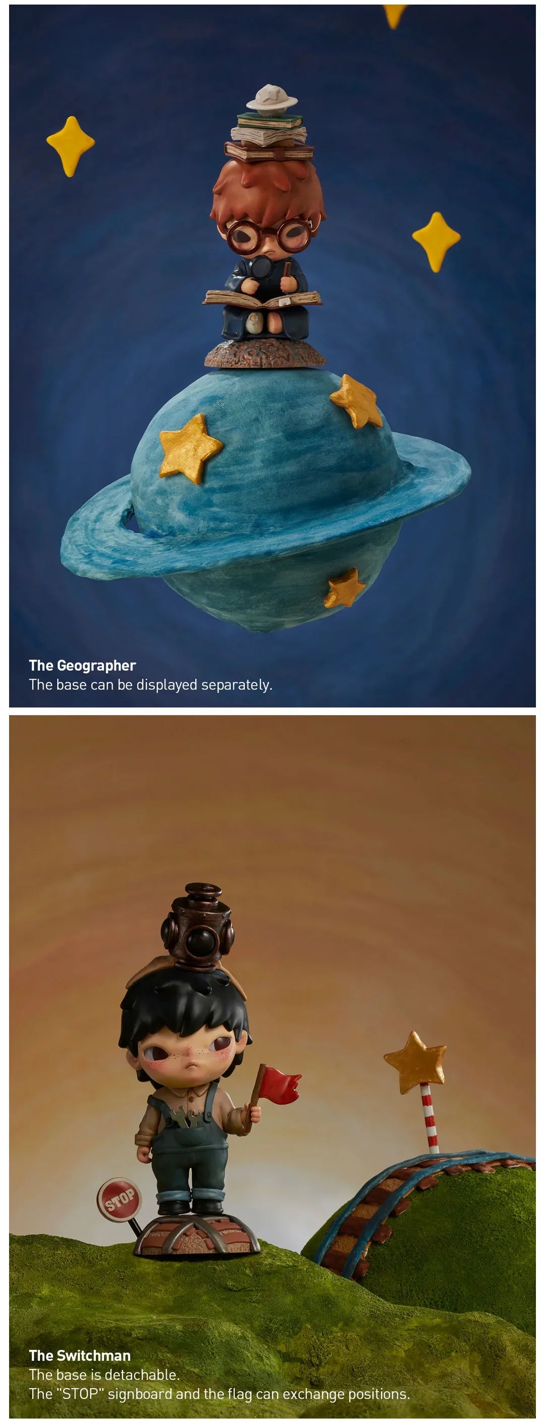 Hirono x Le Petit Prince blindbox figure of The Rose character on a small blue planet with watering can