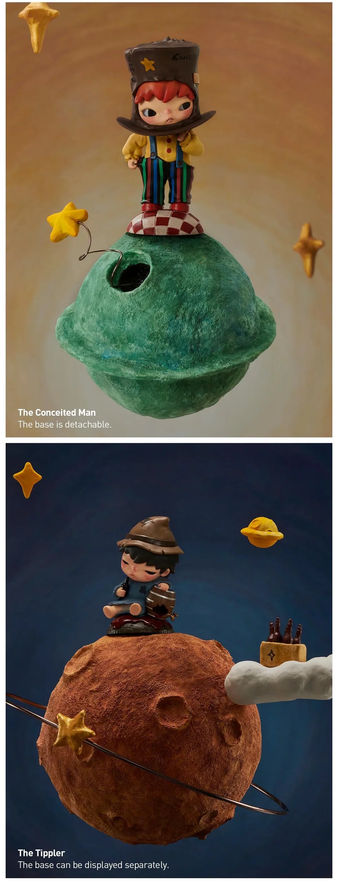 Hirono x Le Petit Prince blindbox figure of The Conceited Man in colorful outfit on green planet