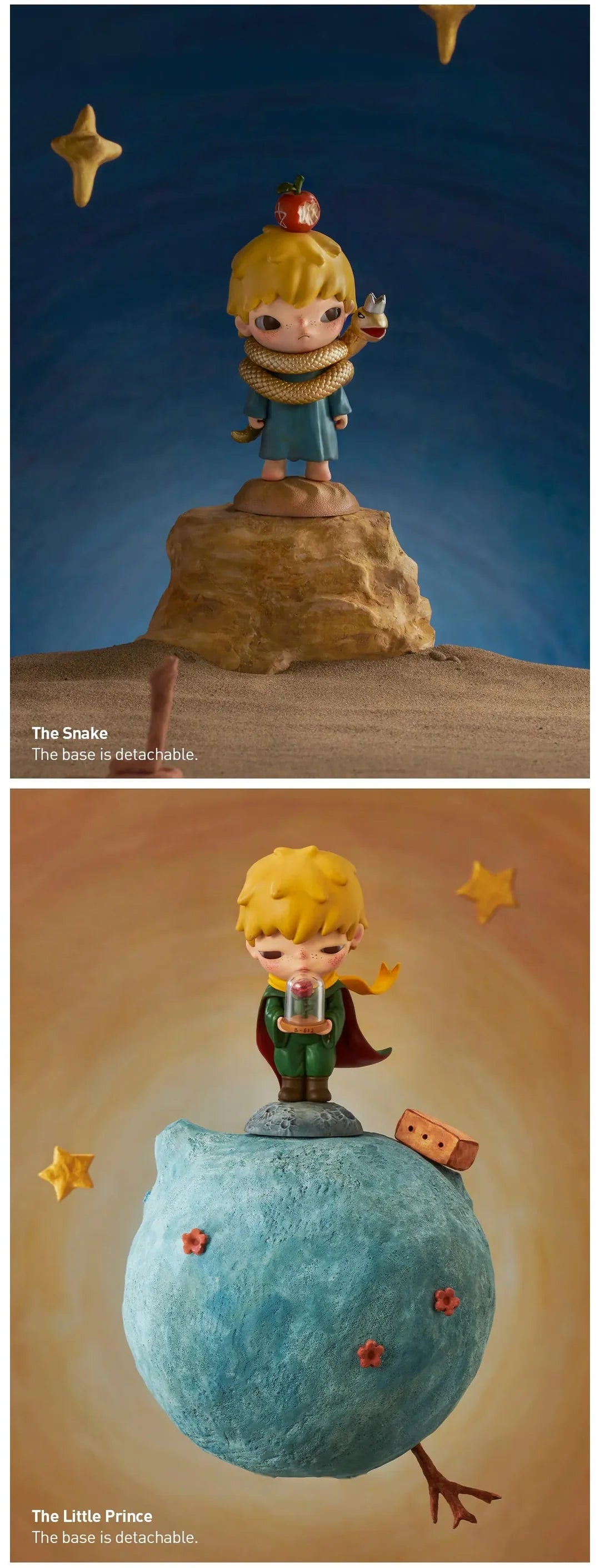 Hirono x Le Petit Prince blindbox figure of The Snake wrapped around The Little Prince on rocky base