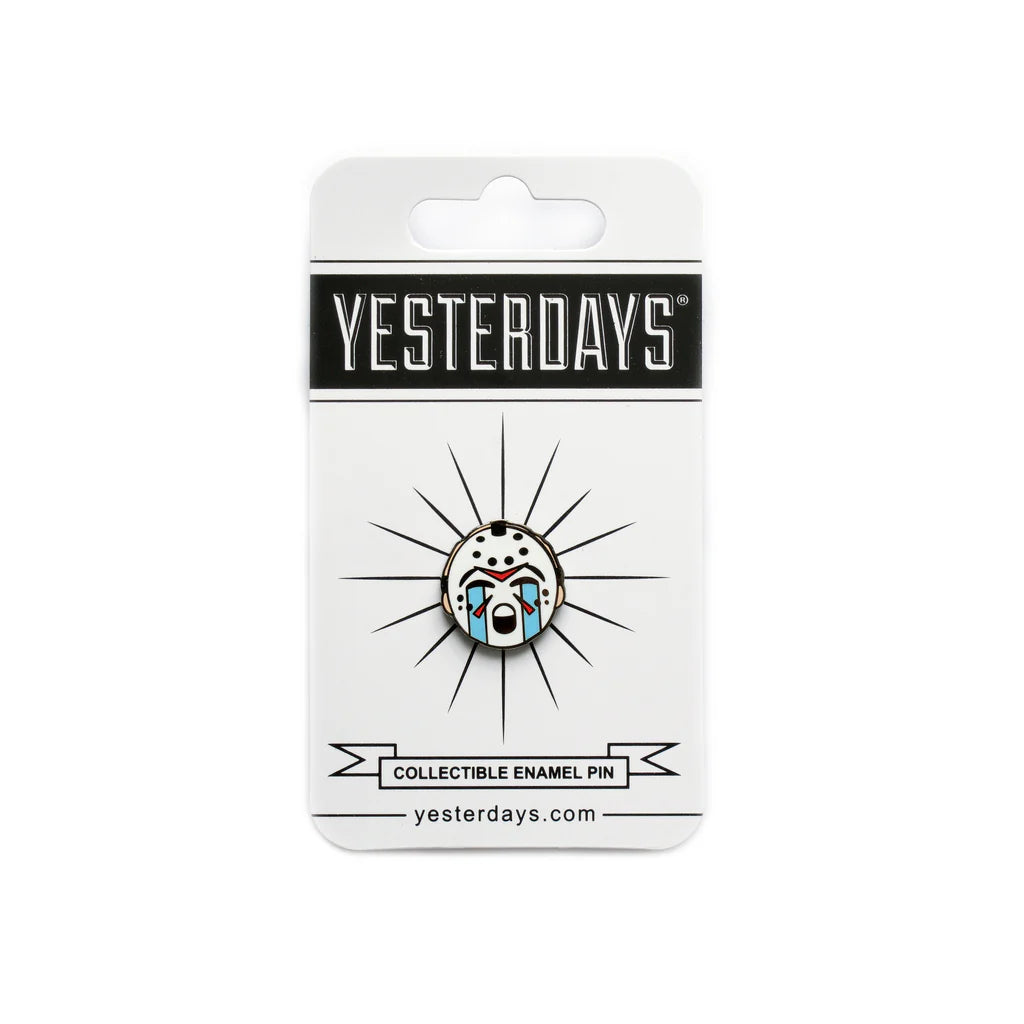 Black nickel plated horror emoji pin with crying Jason design