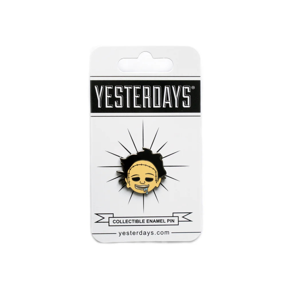 Leatherface soft enamel emoji pin on branded Yesterdays backing card