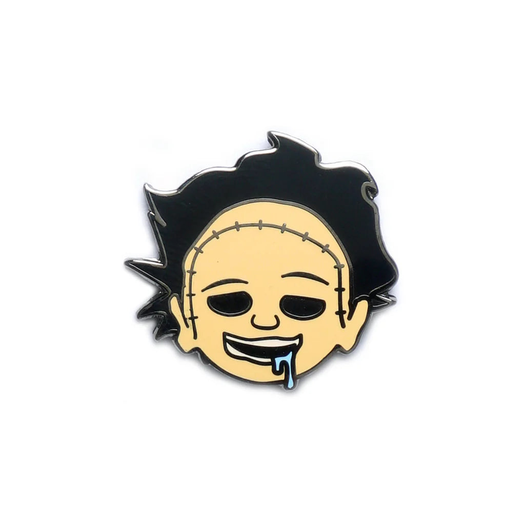 Cute horror enamel pin of Leatherface with stitched face and drool detail