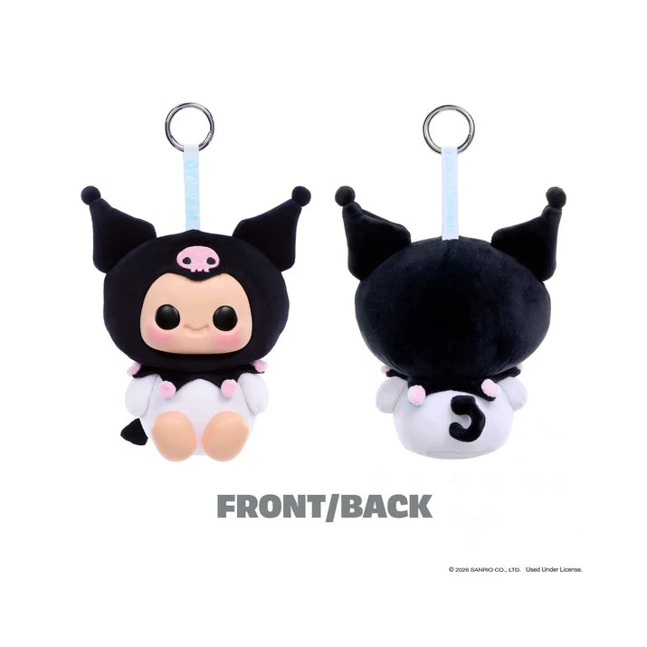 Hyojo Kuromi plush keychain shown from front and back, featuring black jester hat, pink skull embroidery, and white outfit.