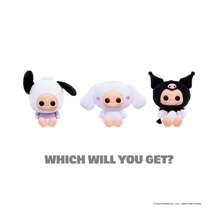 Three Hyojo x Hello Kitty and Friends blind box characters featuring Pochacco, Cinnamoroll, and Kuromi.