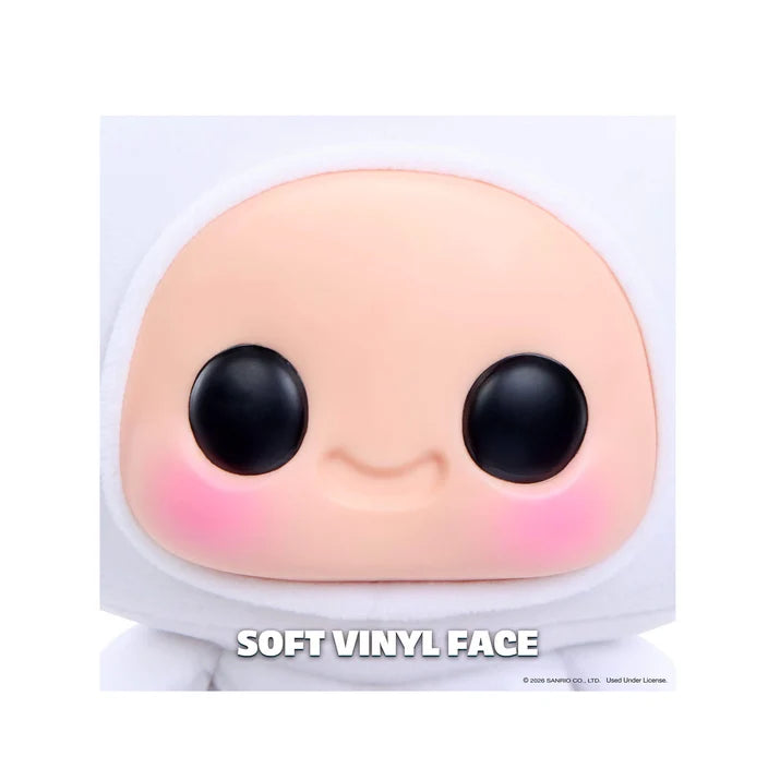 Close-up of Hyojo collectible's soft vinyl face featuring large black eyes, rosy pink cheeks, and a gentle smile.