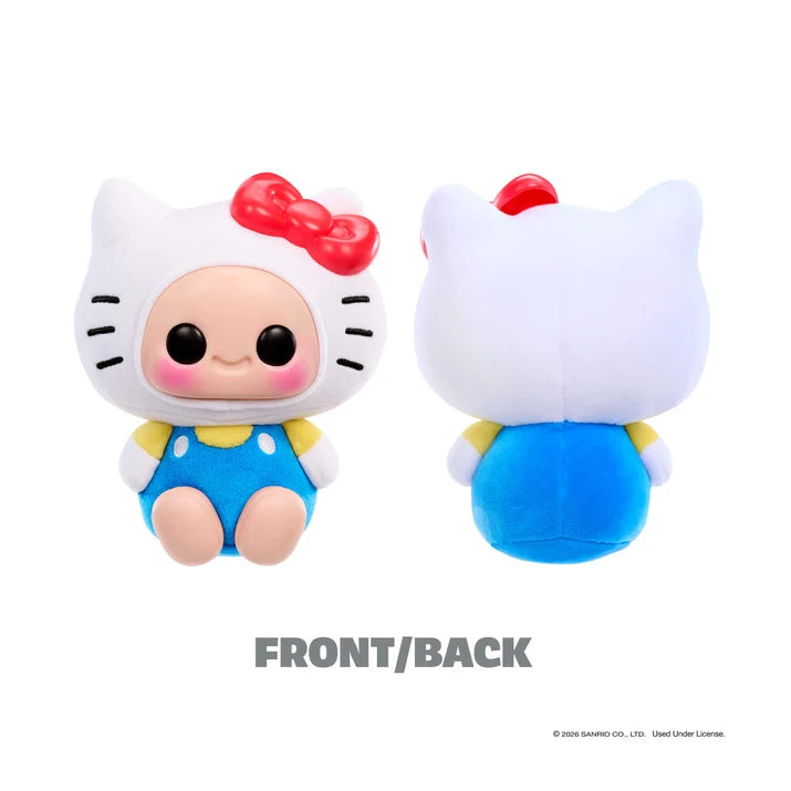 Hyojo Hello Kitty plush collectible shown from front and back, featuring white cat costume, red bow, and blue outfit.