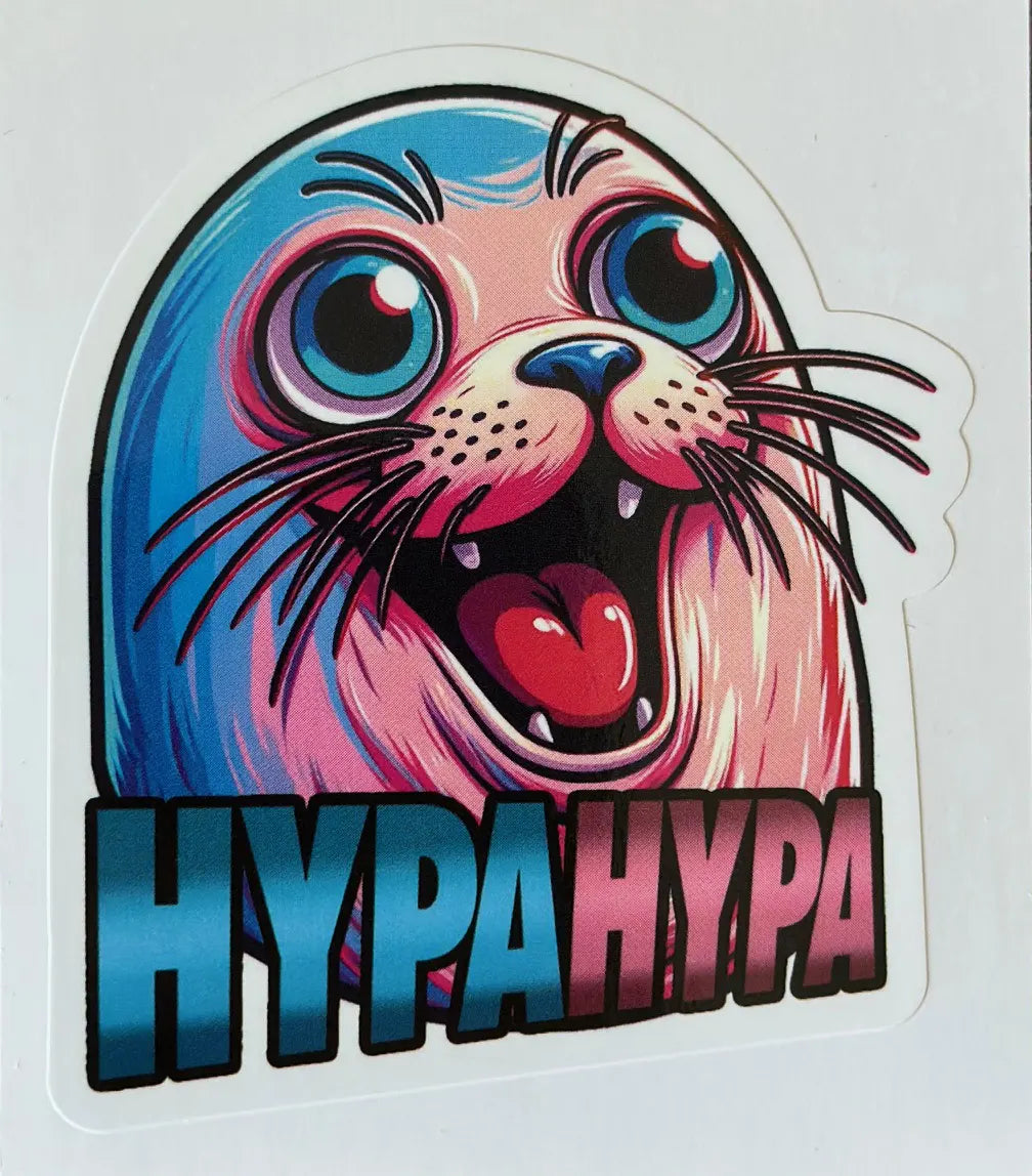 Close-up of HypaHypa Seal Sticker featuring a cartoon seal with pink and blue tones and HypaHypa logo.