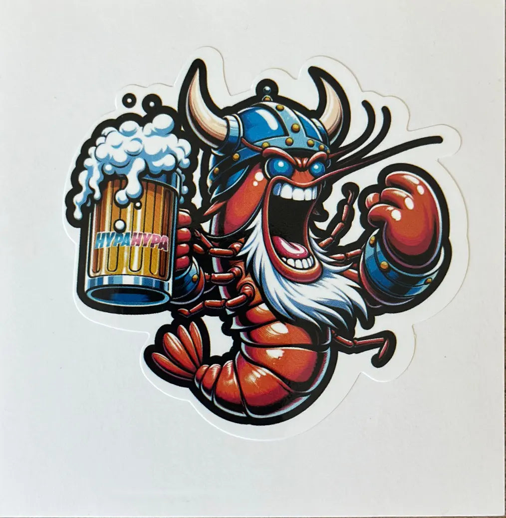 Close-up of HypaHypa Viking Shrimp sticker featuring a red shrimp in Viking armor holding a frothy beer mug.