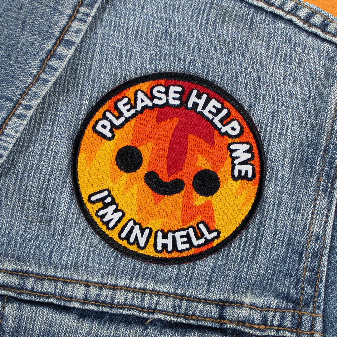 im in hell patch on denim jacket embroidered cute flame patch design