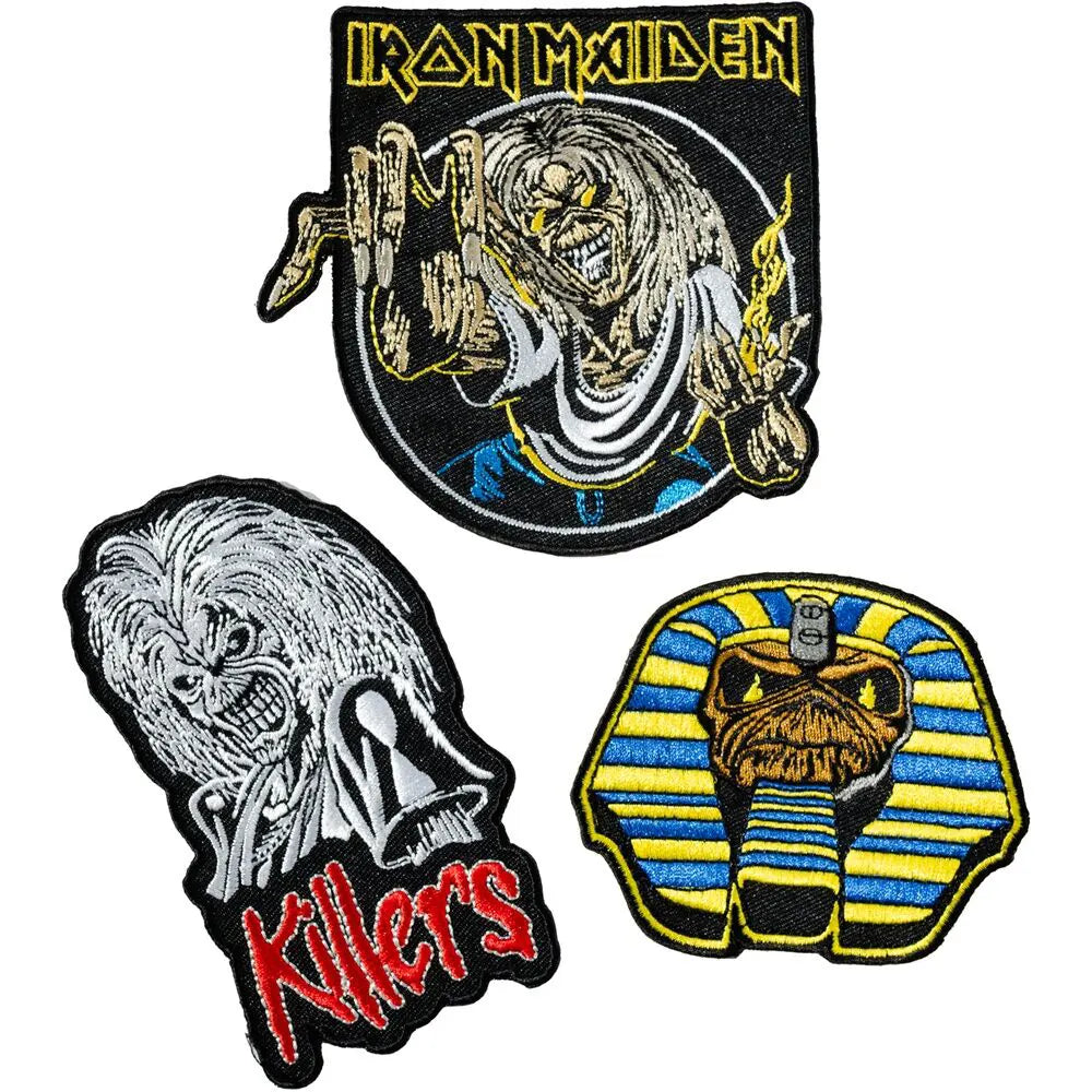 Three Iron Maiden embroidered patches featuring Eddie designs and logo