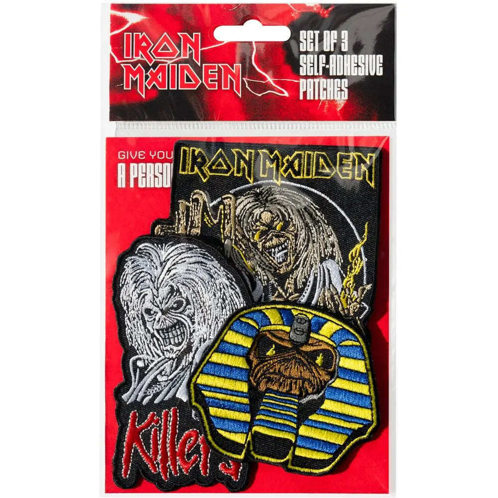 Iron Maiden patches set in retail packaging with red background