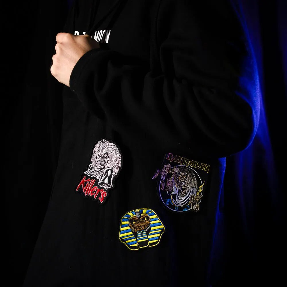 Packaging of Iron Maiden patch set with 3 self-adhesive embroidered patches