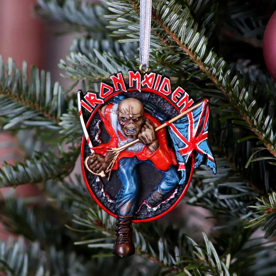 Iron Maiden The Trooper ornament hanging on a Christmas tree