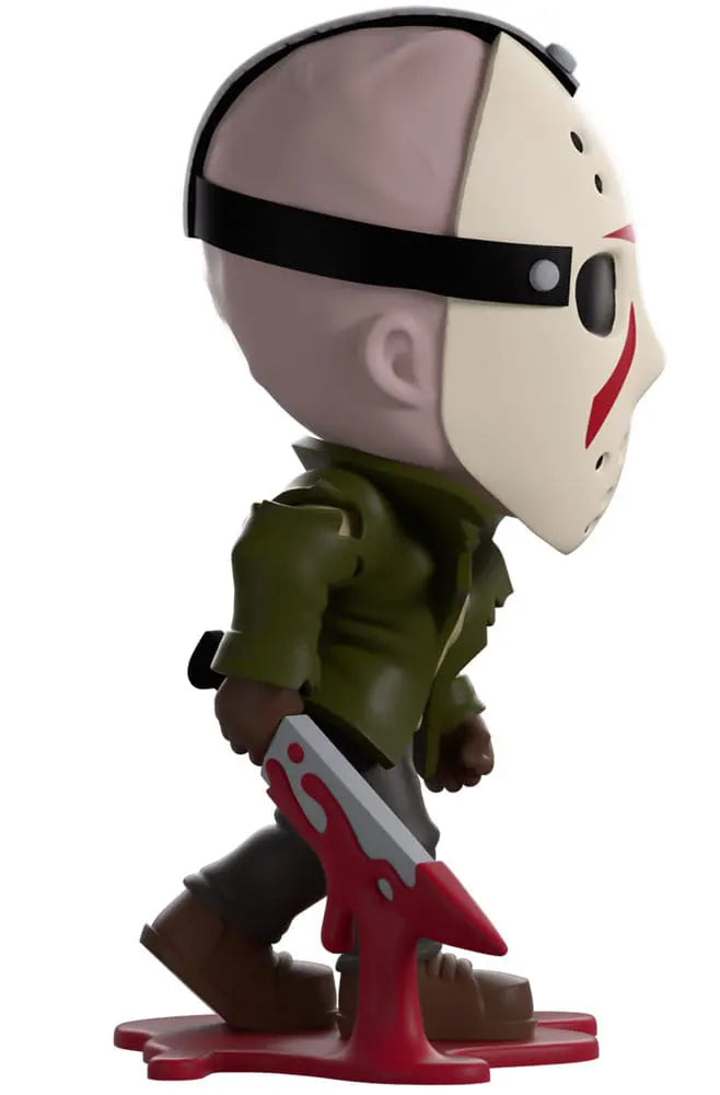 Side profile of Jason Voorhees Youtooz vinyl figure with white hockey mask and green jacket.