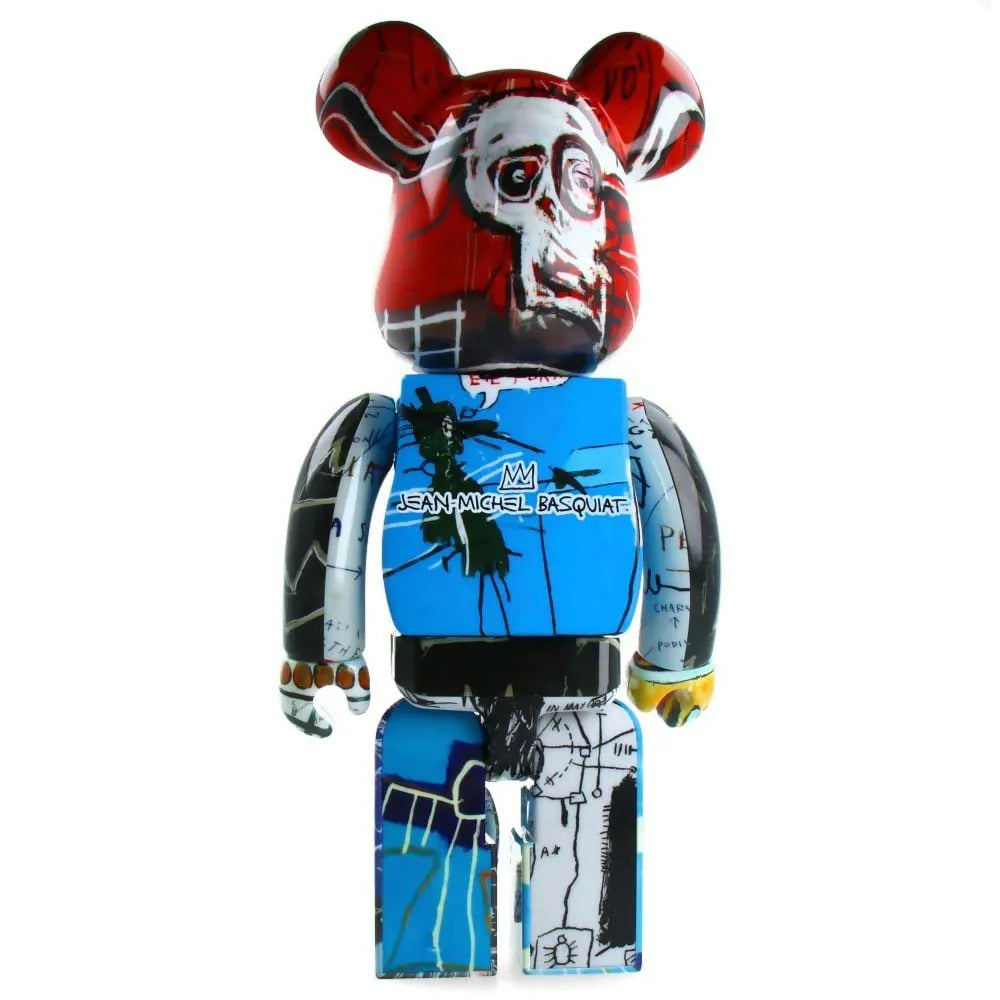 Back view of 400% & 100% Bearbrick Set - Jean-Michel Basquiat (BWWT 3) with bold blue and red art elements and artist name.