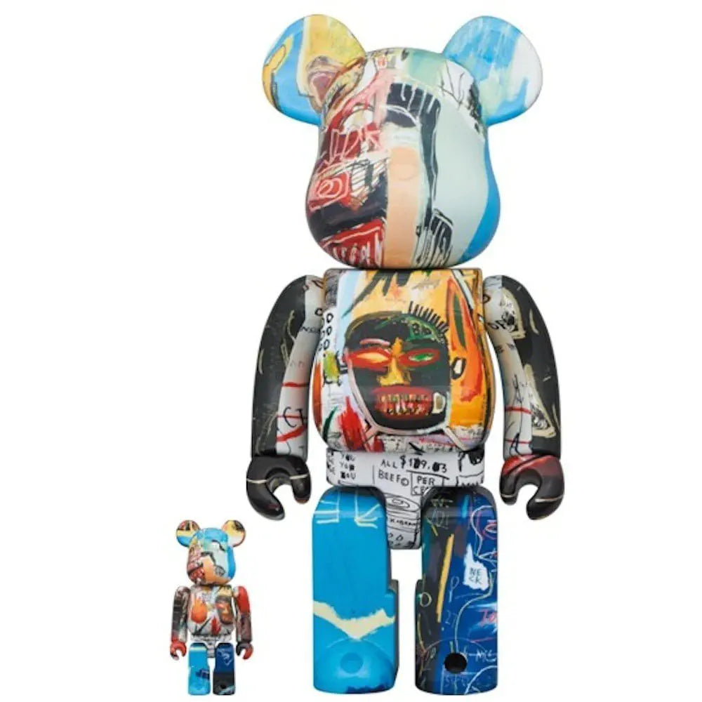 Front view of 400% & 100% Bearbrick Set - Jean-Michel Basquiat (BWWT 3) featuring vibrant abstract artwork.