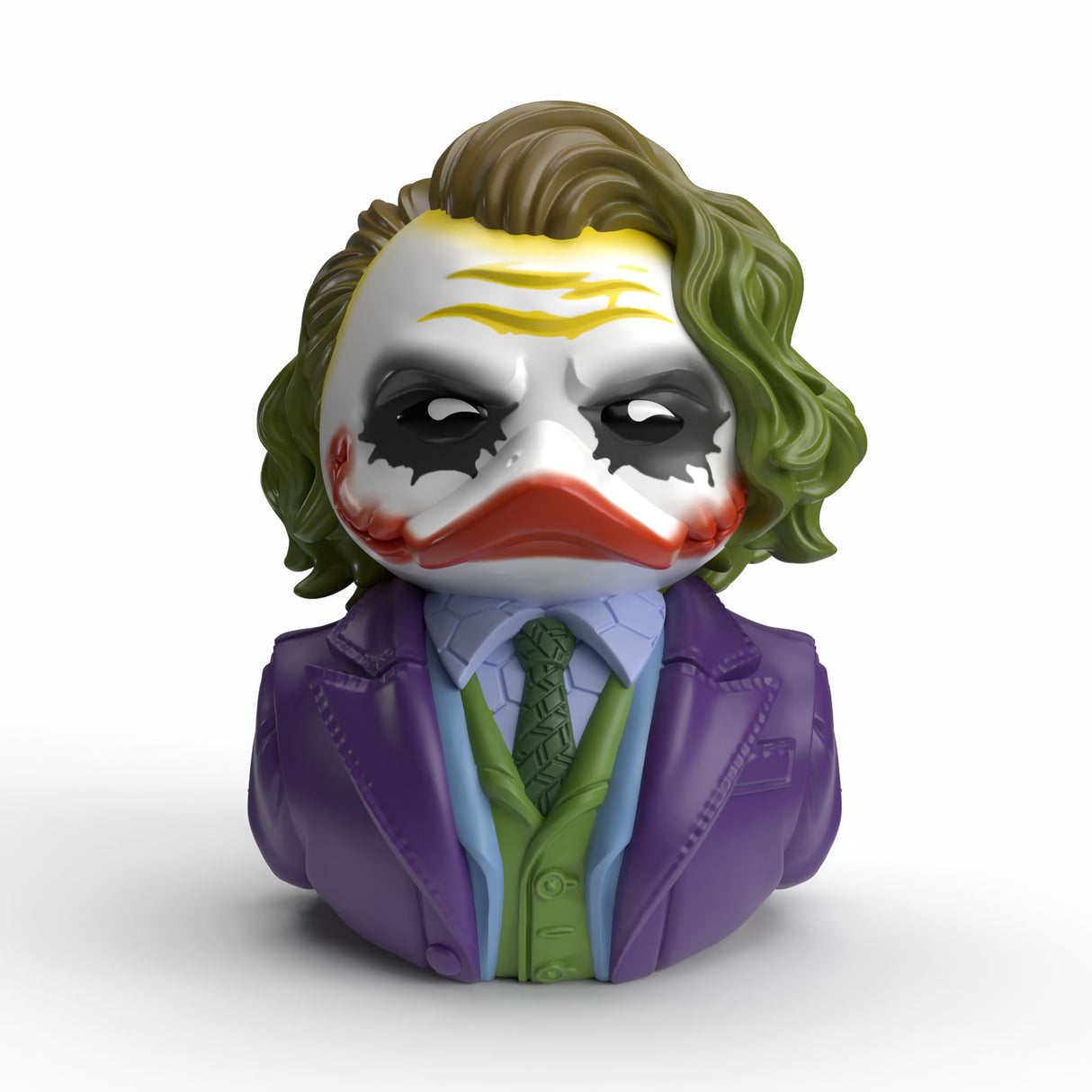 Front view of Mini Joker TUBBZ duck with iconic face paint and green vest
