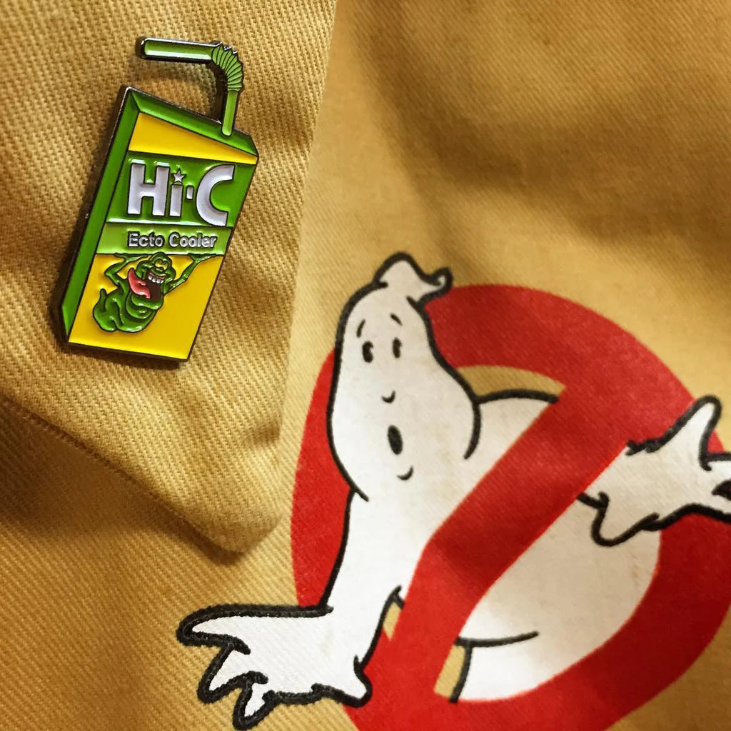 Hi-C Ecto Cooler lapel pin on Ghostbusters jacket
