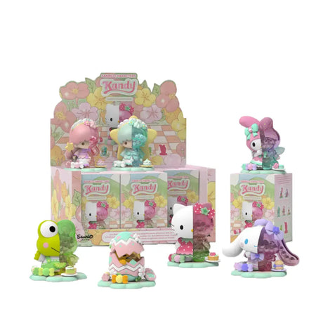 Display of Sanrio Floral Daydream figures by Mighty Jaxx in pastel garden-themed packaging.