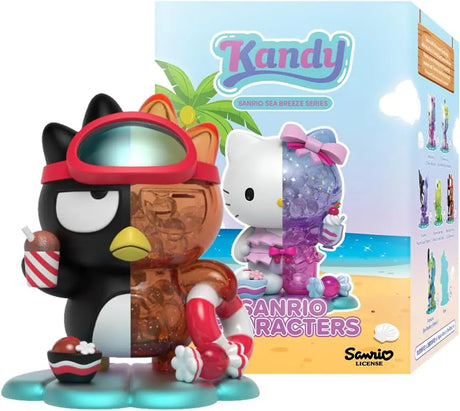 Bad Badtz-Maru figure in the Sea Breeze Series with a candy drink and transparent half in shiny orange resin, posing in front of the packaging.