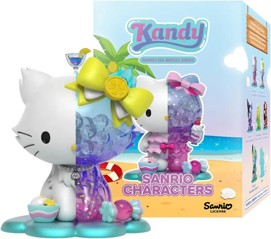 Charmmy Kitty figure from the Kandy Sea Breeze Series with a yellow lemon bow and clear blue candy-textured body holding a sundae.