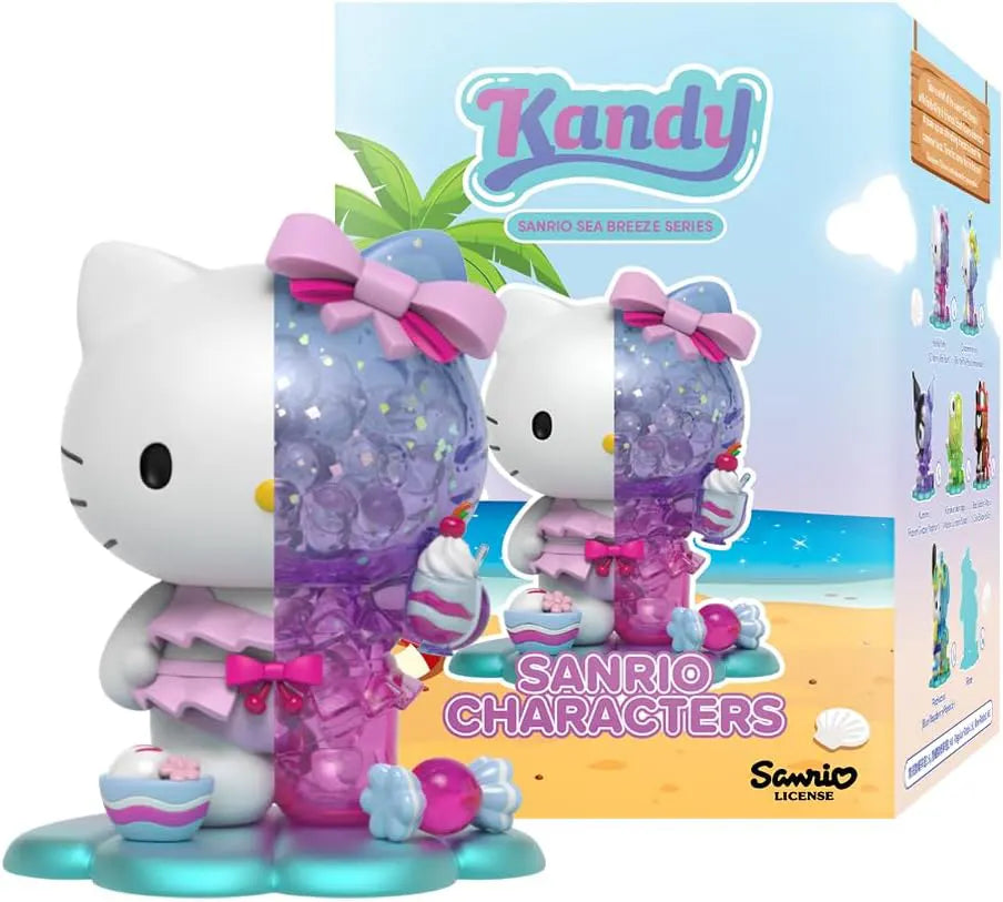 Hello Kitty figure in a pink swimsuit holding a sundae, featuring a translucent glittery purple candy design and beach-themed base.