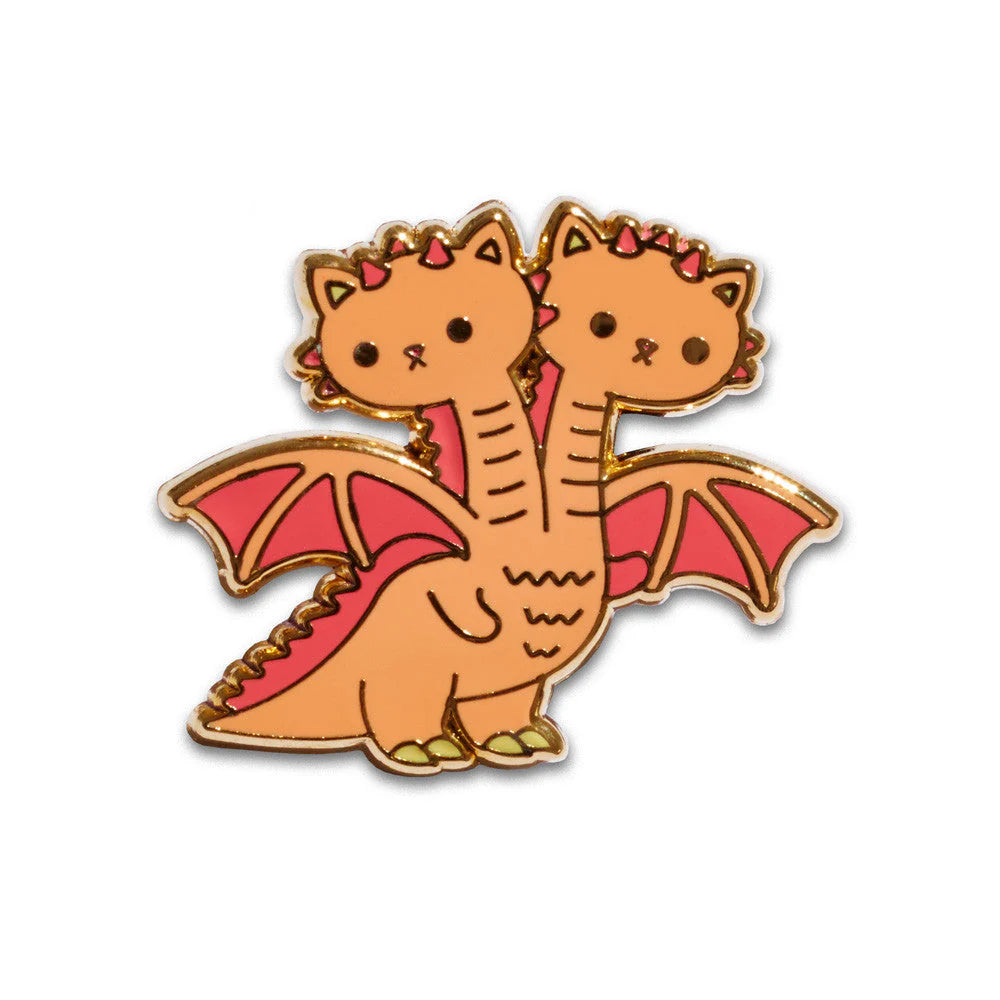 Kimbap & Gimbap Kaiju Kitties enamel pin featuring twin two-headed kaiju cats with wings and gold plating