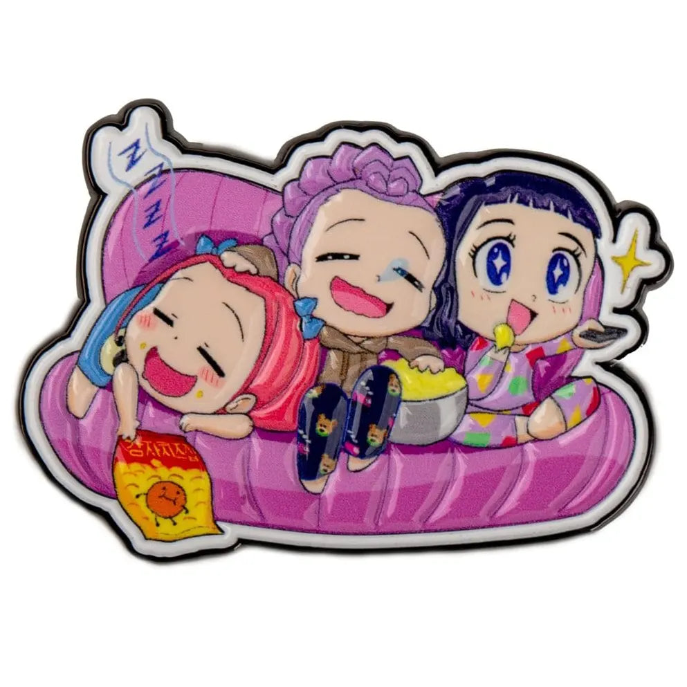 Official KPop Demon Hunters Couch Couch Couch enamel pin by Cinereplica with front and rear view.