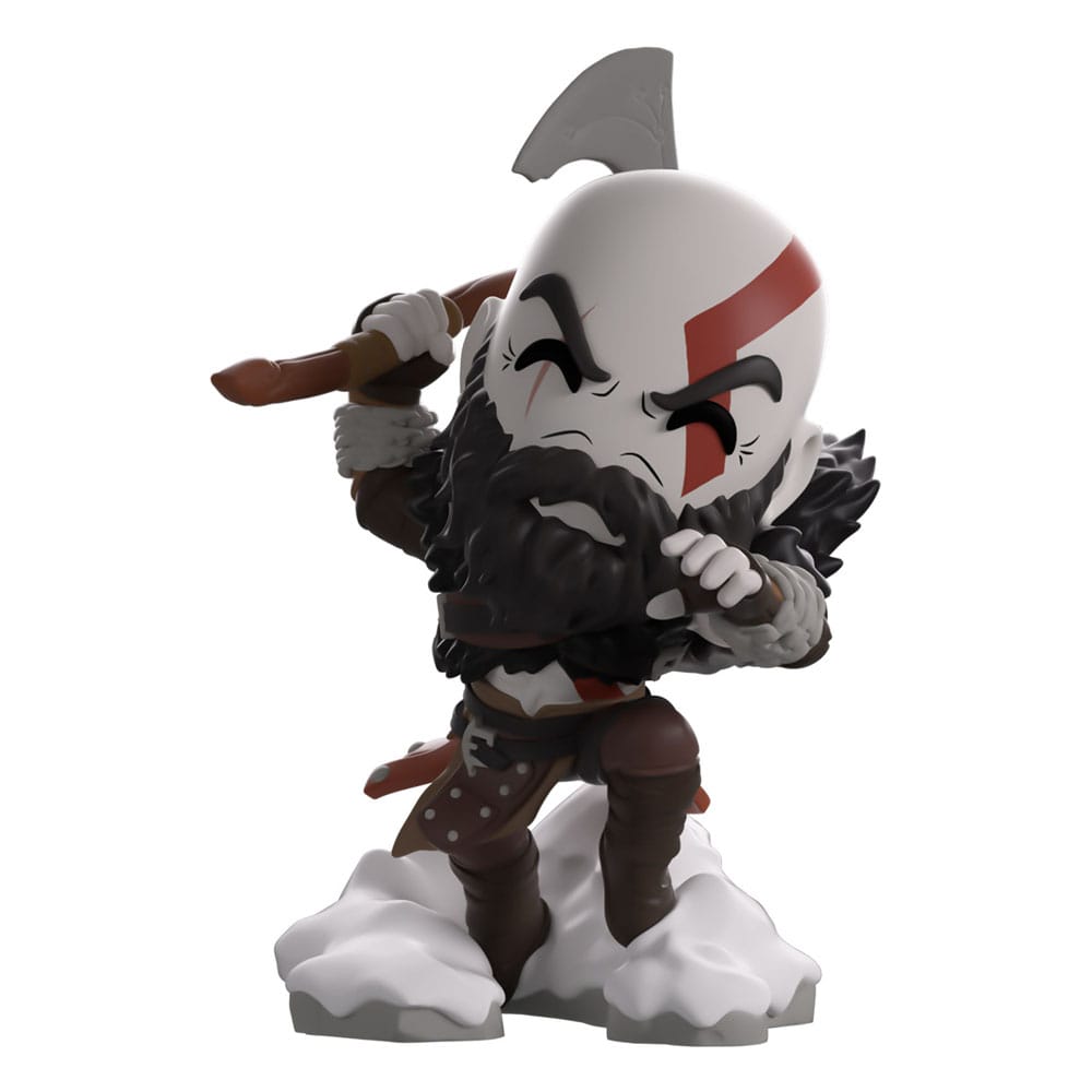 Front view of Kratos Youtooz vinyl figure mid-attack holding Leviathan Axe on snowy base.