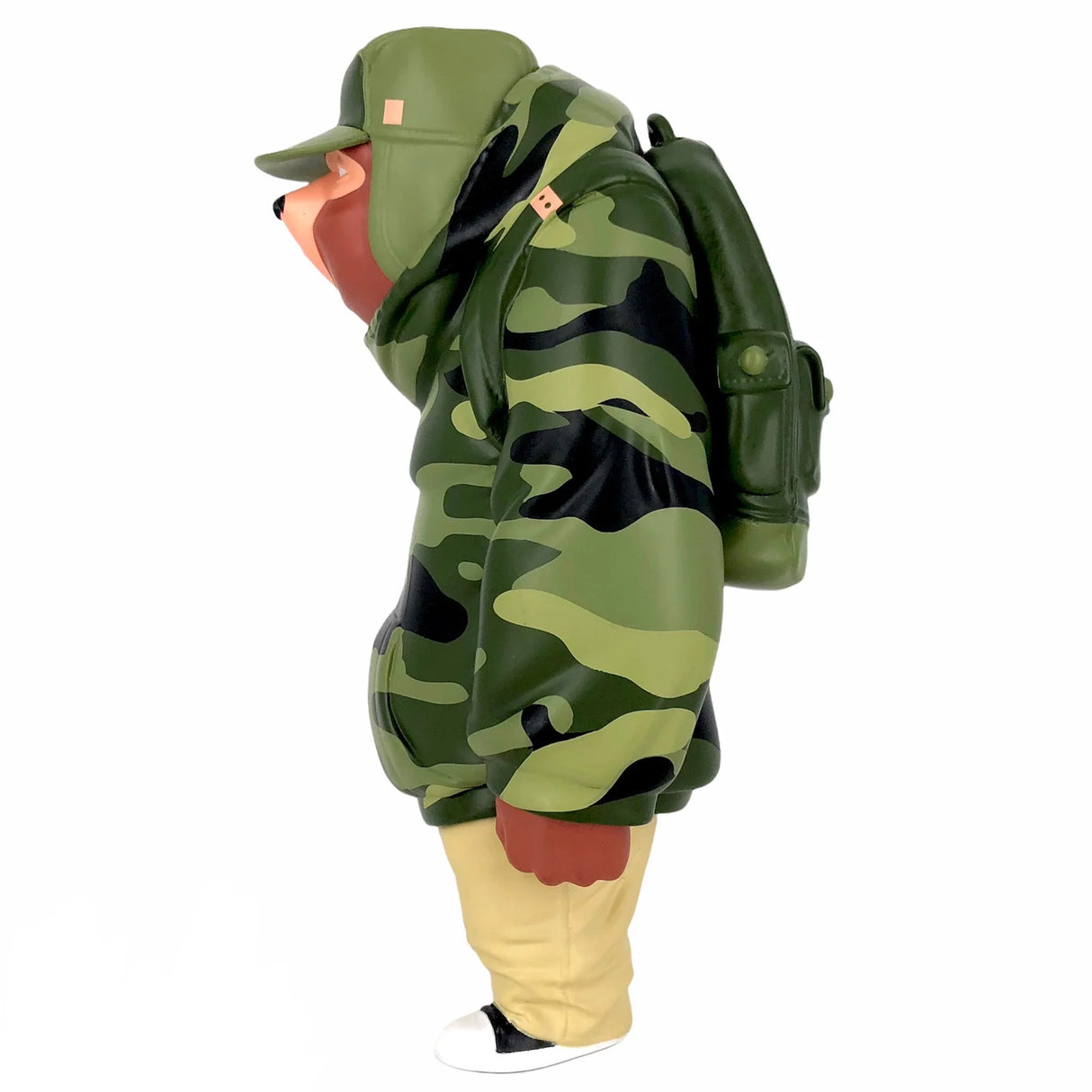 Back of Kub figure featuring military-style backpack and hooded camo jacket