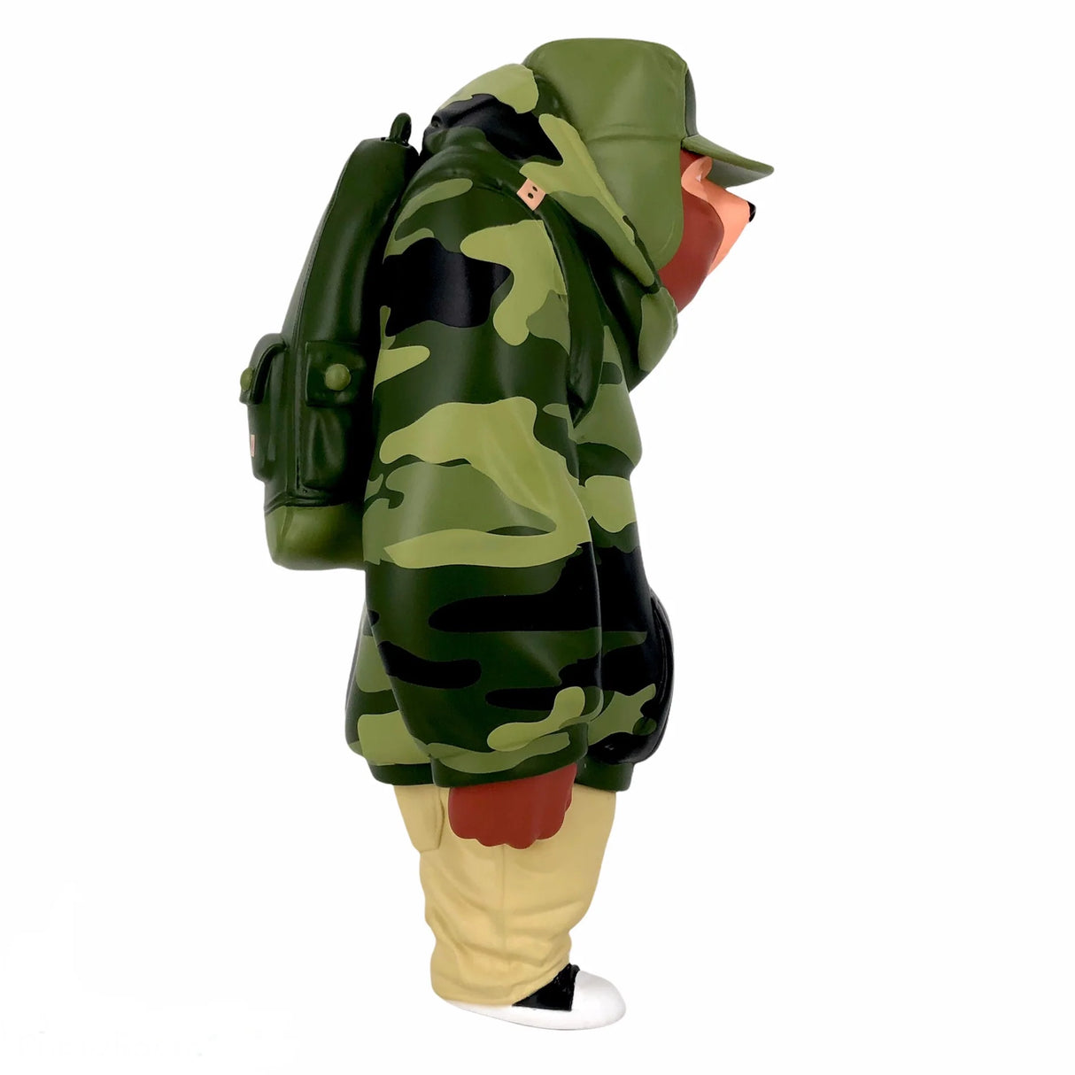 Opposite side profile of Kub Woodland Camo designer art toy by Mike Fudge