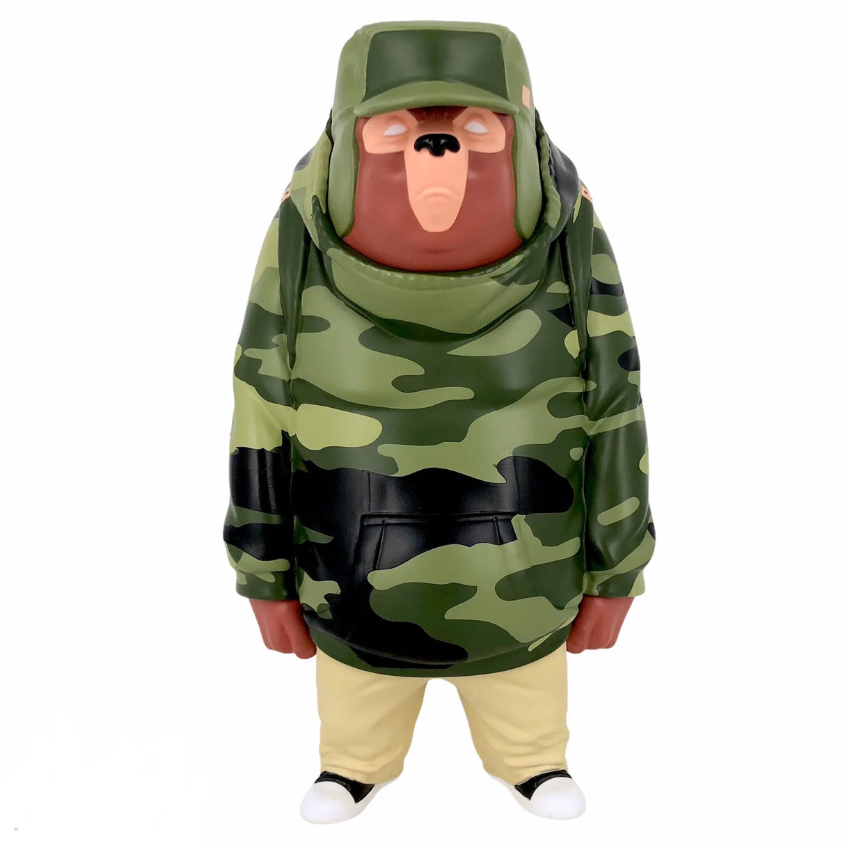 Front view of Kub Woodland Camo vinyl figure by Mike Fudge in camouflage jacket and hat