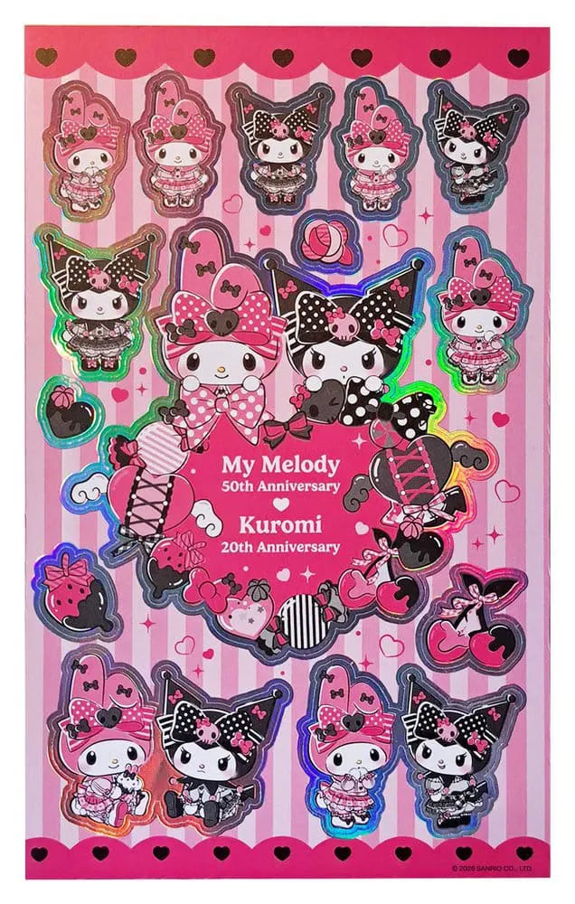 My Melody and Kuromi Pink Black Party sticker sheet with colorful holographic Sanrio character designs