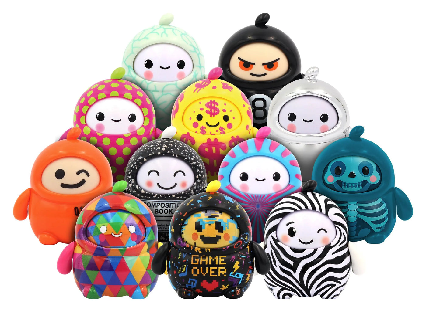 Collection of 12 collectible designer art toy figures with unique colorful patterns including zebra, skeleton, chrome, pixel art, composition notebook, money, and melon designs.