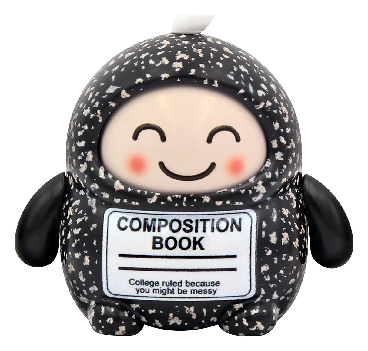Black Composition Book designer art toy figure with white speckled notebook pattern and smiling face.