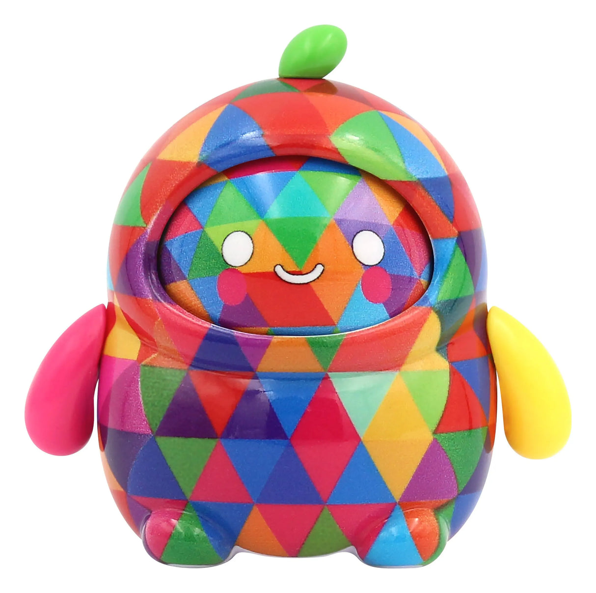 Colorful geometric triangle pattern designer art toy figure with smiling face and rainbow colors.