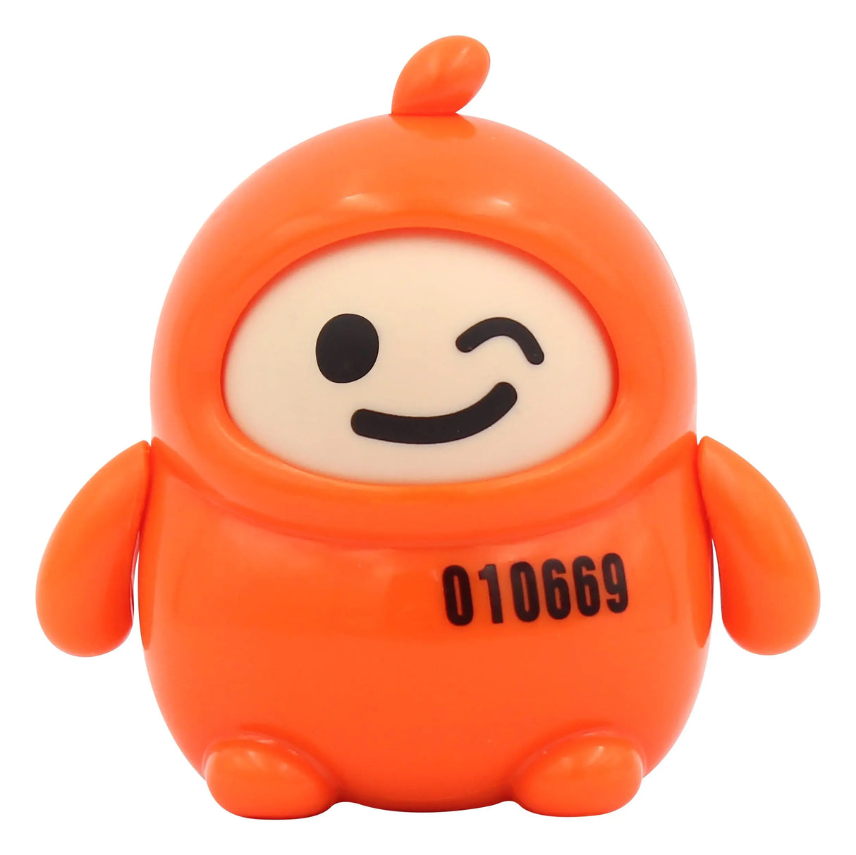 Orange winking designer art toy figure with playful expression and collectible vinyl design.