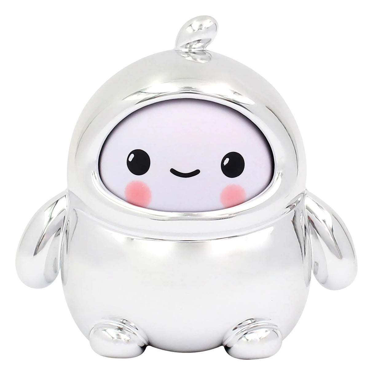 Silver chrome designer art toy figure with reflective metallic finish and smiling face.